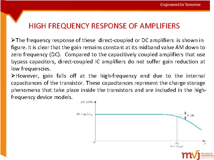 HIGH FREQUENCY RESPONSE OF AMPLIFIERS ØThe frequency response of these direct-coupled or DC amplifiers