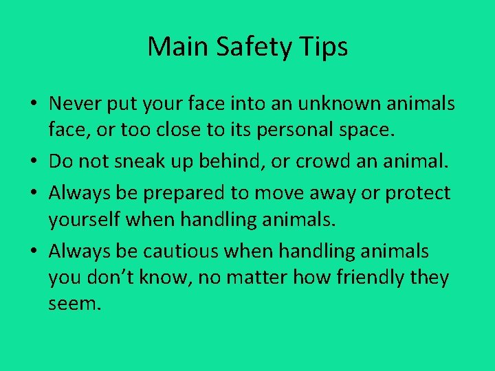 Main Safety Tips • Never put your face into an unknown animals face, or
