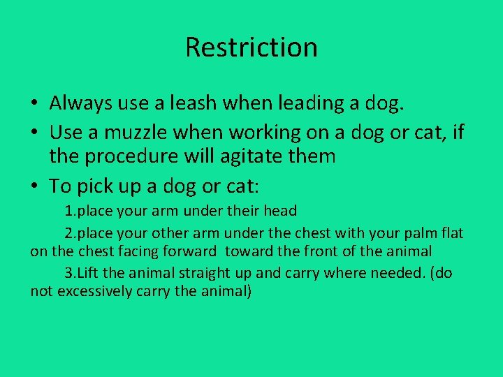 Restriction • Always use a leash when leading a dog. • Use a muzzle