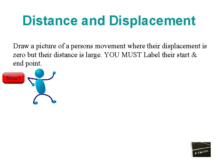 Distance and Displacement Draw a picture of a persons movement where their displacement is Distance and Displacement Draw a picture of a persons movement where their displacement is