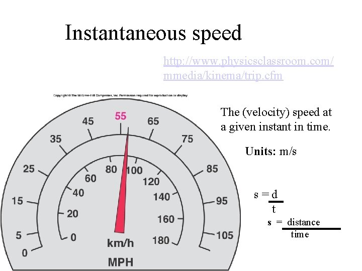 Instantaneous speed http: //www. physicsclassroom. com/ mmedia/kinema/trip. cfm The (velocity) speed at a given Instantaneous speed http: //www. physicsclassroom. com/ mmedia/kinema/trip. cfm The (velocity) speed at a given