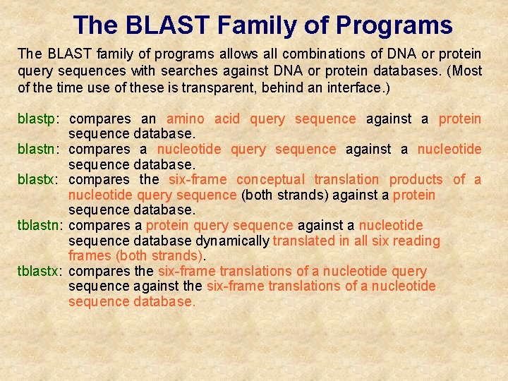 The BLAST Family of Programs The BLAST family of programs allows all combinations of The BLAST Family of Programs The BLAST family of programs allows all combinations of