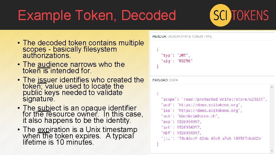 Example Token, Decoded • The decoded token contains multiple scopes - basically filesystem authorizations.