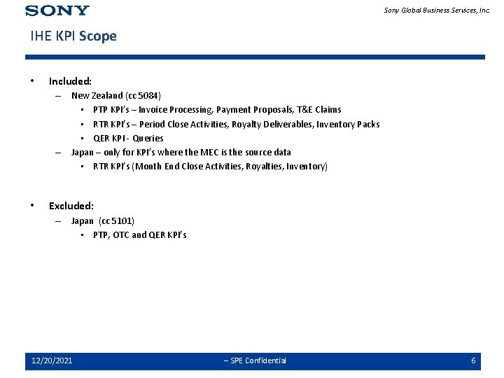 Sony Global Business Services, Inc. IHE KPI Scope • Included: – New Zealand (cc