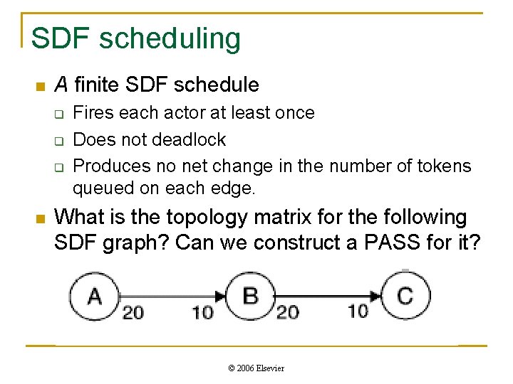 SDF scheduling n A finite SDF schedule q q q n Fires each actor