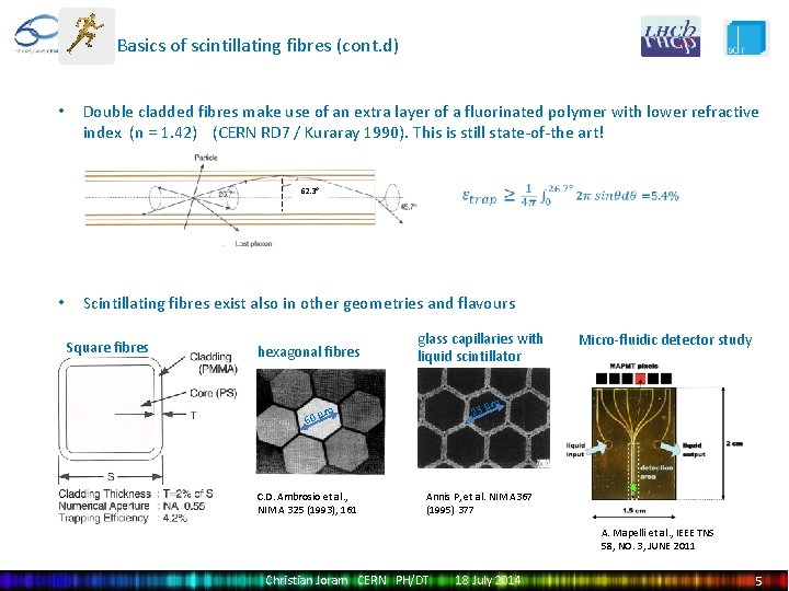 Basics of scintillating fibres (cont. d) • Double cladded fibres make use of an