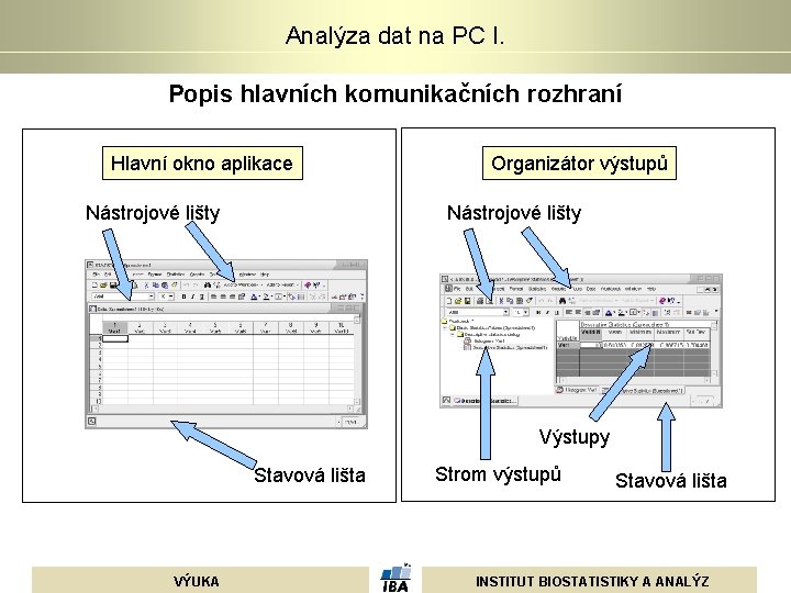 Analýza dat na PC I. Popis hlavních komunikačních rozhraní Hlavní okno aplikace Organizátor výstupů Analýza dat na PC I. Popis hlavních komunikačních rozhraní Hlavní okno aplikace Organizátor výstupů
