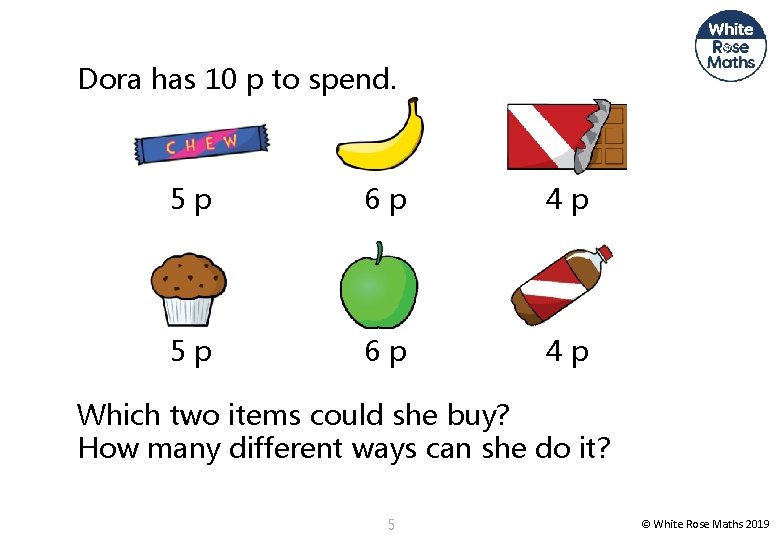 Dora has 10 p to spend. 5 p 6 p 4 p Which two