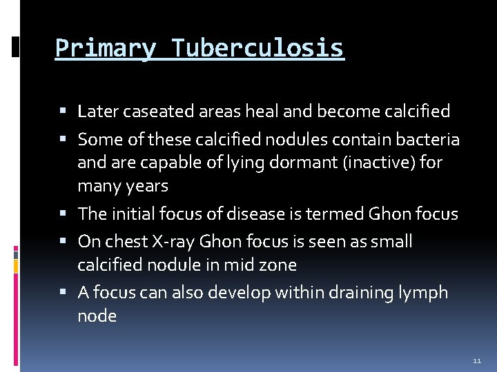 Primary Tuberculosis Later caseated areas heal and become calcified Some of these calcified nodules