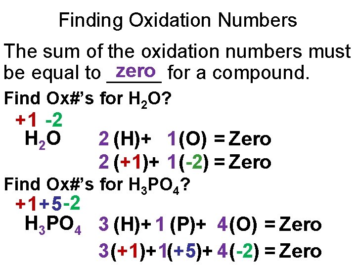 Finding Oxidation Numbers The sum of the oxidation numbers must zero for a compound.