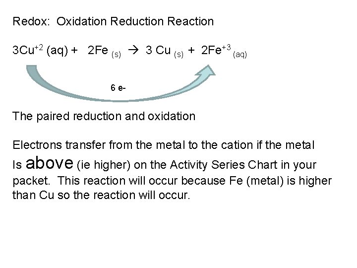 Redox: Oxidation Reduction Reaction 3 Cu+2 (aq) + 2 Fe (s) 3 Cu (s)