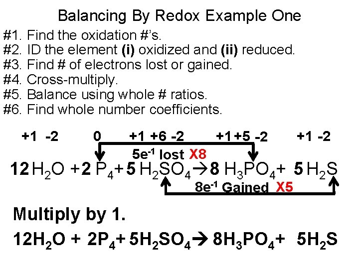 Balancing By Redox Example One #1. Find the oxidation #’s. #2. ID the element