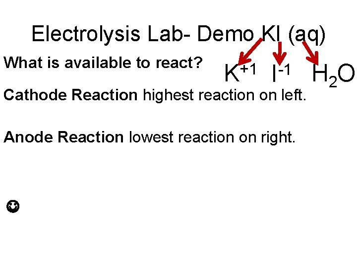 Electrolysis Lab- Demo KI (aq) What is available to react? +1 K -1 I