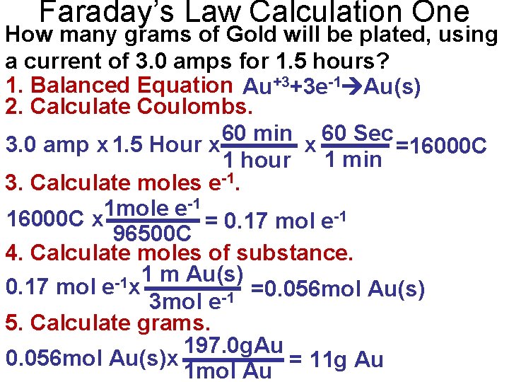 Faraday’s Law Calculation One How many grams of Gold will be plated, using a