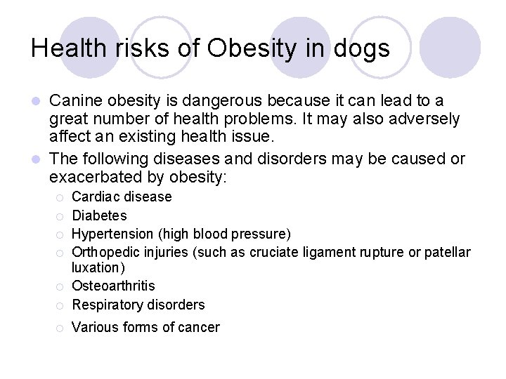 Health risks of Obesity in dogs Canine obesity is dangerous because it can lead