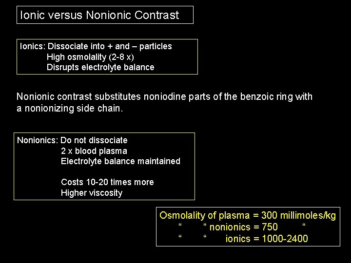 Ionic versus Nonionic Contrast Ionics: Dissociate into + and – particles High osmolality (2