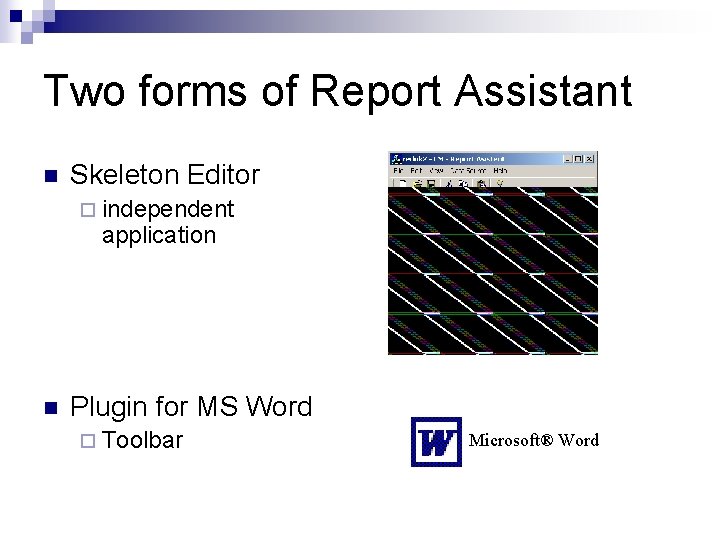 Two forms of Report Assistant n Skeleton Editor ¨ independent application n Plugin for