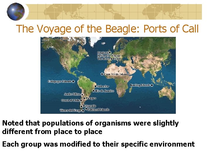 The Voyage of the Beagle: Ports of Call Noted that populations of organisms were