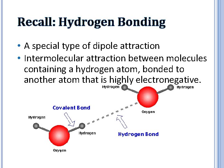 Recall: Hydrogen Bonding • A special type of dipole attraction • Intermolecular attraction between