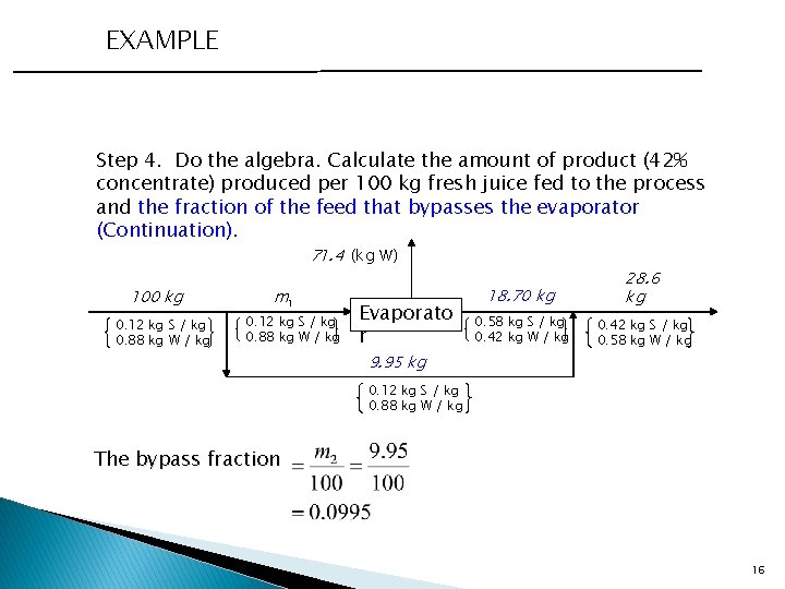EXAMPLE Step 4. Do the algebra. Calculate the amount of product (42% concentrate) produced