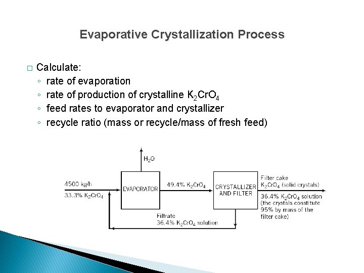 Evaporative Crystallization Process � Calculate: ◦ rate of evaporation ◦ rate of production of