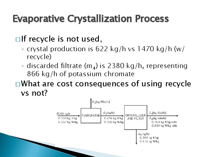 Evaporative Crystallization Process � If recycle is not used, ◦ crystal production is 622