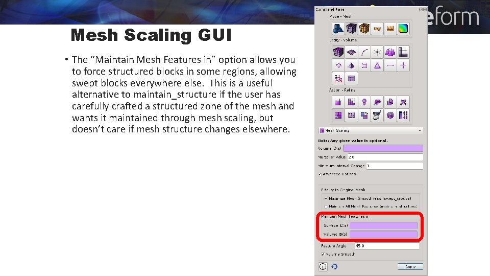 Mesh Scaling GUI • The “Maintain Mesh Features in” option allows you to force