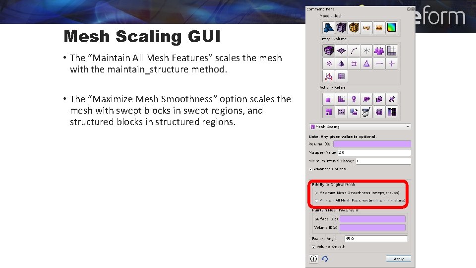 Mesh Scaling GUI • The “Maintain All Mesh Features” scales the mesh with the