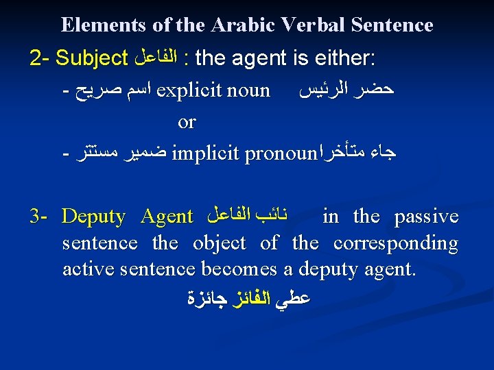Elements of the Arabic Verbal Sentence 2 - Subject ﺍﻟﻔﺎﻋﻞ : the agent is