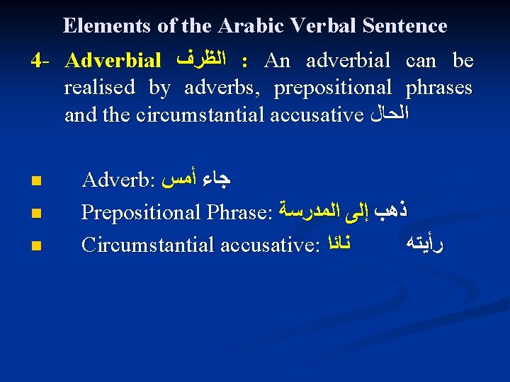 Elements of the Arabic Verbal Sentence 4 - Adverbial ﺍﻟﻈﺮﻑ : An adverbial can