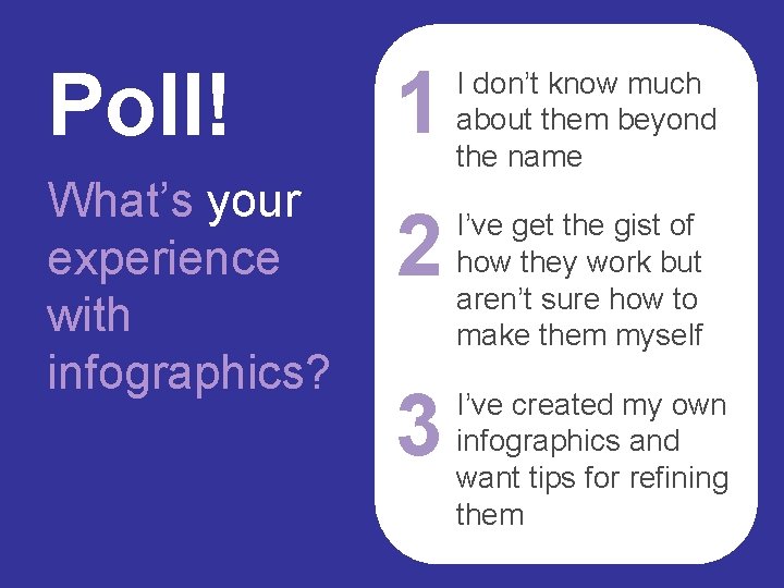 Poll! What’s your experience with infographics? 1 I don’t know much about them beyond