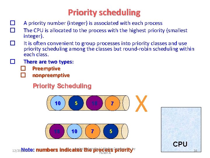 Priority scheduling A priority number (integer) is associated with each process The CPU is