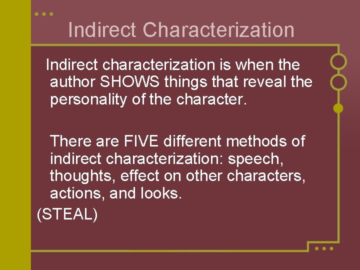 Indirect Characterization Indirect characterization is when the author SHOWS things that reveal the personality