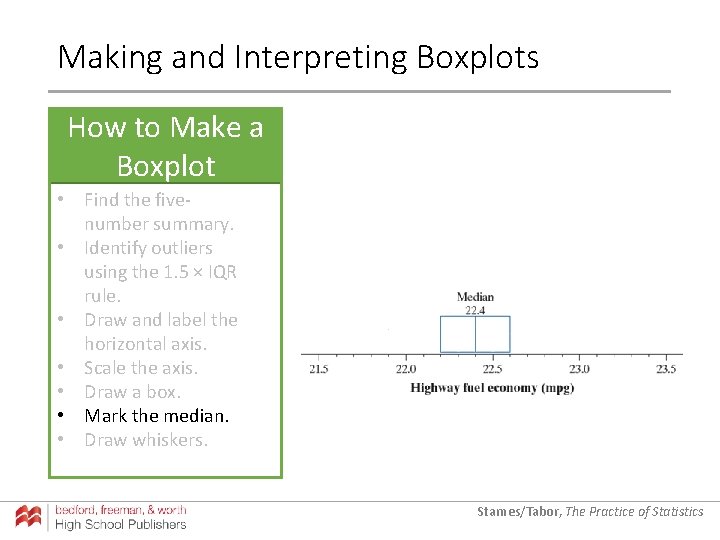 Making and Interpreting Boxplots How to Make a Boxplot • Find the fivenumber summary. Making and Interpreting Boxplots How to Make a Boxplot • Find the fivenumber summary.