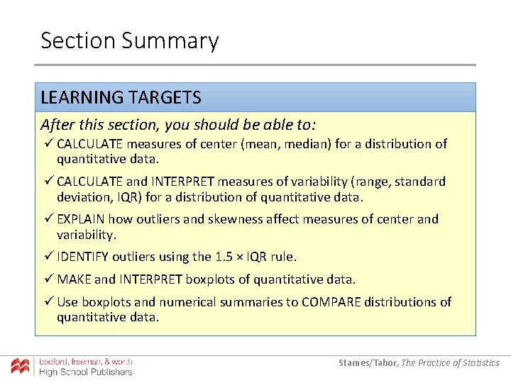 Section Summary LEARNING TARGETS After this section, you should be able to: ü CALCULATE Section Summary LEARNING TARGETS After this section, you should be able to: ü CALCULATE