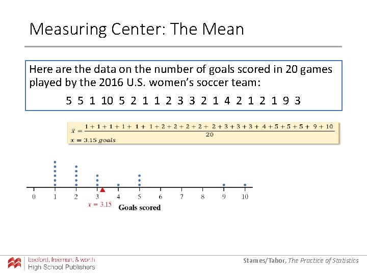 Measuring Center: The Mean Here are the data on the number of goals scored Measuring Center: The Mean Here are the data on the number of goals scored