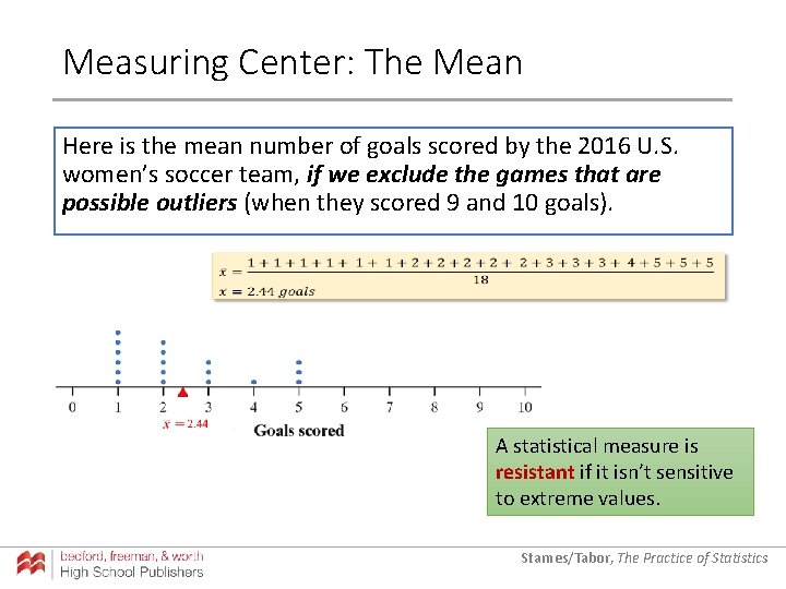 Measuring Center: The Mean Here is the mean number of goals scored by the Measuring Center: The Mean Here is the mean number of goals scored by the
