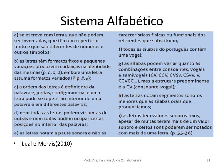 Sistema Alfabético • Leal e Morais(2010) Prof. Dra. Fannyliz A. de O. Tibcherani 11