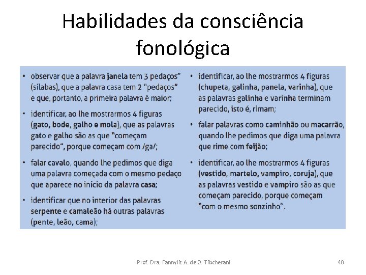 Habilidades da consciência fonológica Prof. Dra. Fannyliz A. de O. Tibcherani 40 