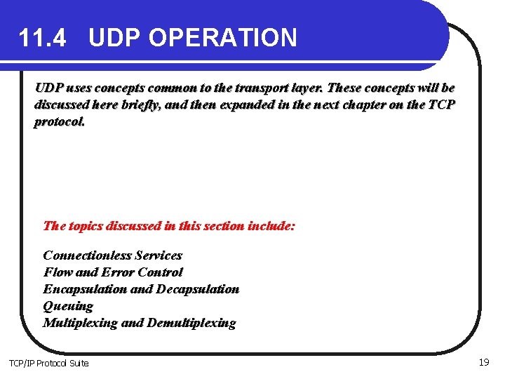 11. 4 UDP OPERATION UDP uses concepts common to the transport layer. These concepts