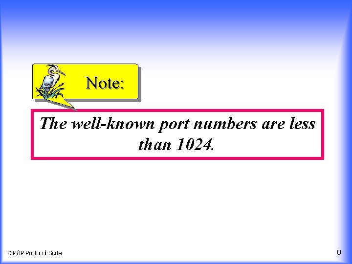 Note: The well-known port numbers are less than 1024. TCP/IP Protocol Suite 8 