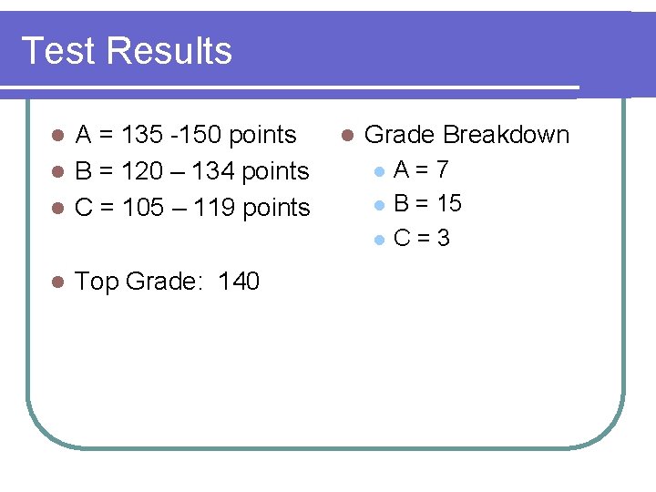 Test Results A = 135 -150 points l B = 120 – 134 points