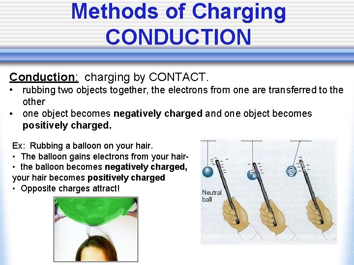 Methods of Charging CONDUCTION Conduction: charging by CONTACT. • rubbing two objects together, the