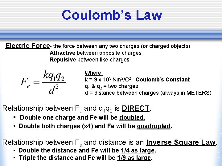 Coulomb’s Law Electric Force- the force between any two charges (or charged objects) Attractive