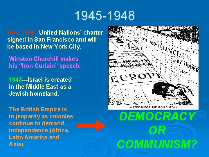 1945 -1948 Nov. 1945– United Nations’ charter signed in San Francisco and will be