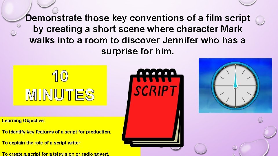 Demonstrate those key conventions of a film script by creating a short scene where
