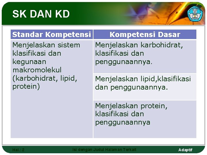 SK DAN KD Standar Kompetensi Menjelaskan sistem klasifikasi dan kegunaan makromolekul (karbohidrat, lipid, protein)