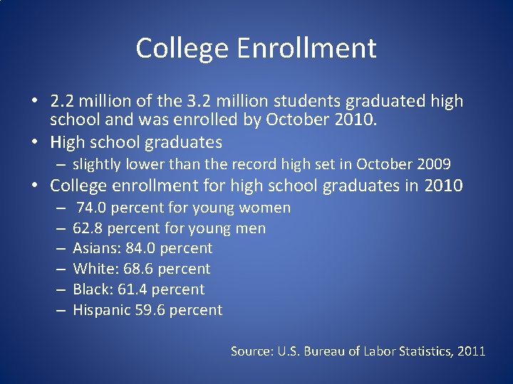 College Enrollment • 2. 2 million of the 3. 2 million students graduated high