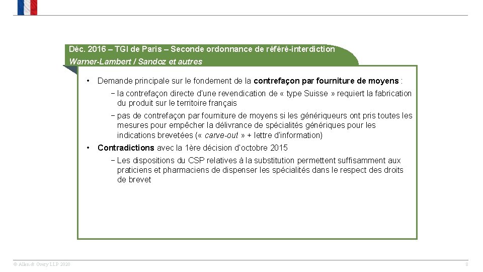 Déc. 2016 – TGI de Paris – Seconde ordonnance de référé-interdiction Warner-Lambert / Sandoz