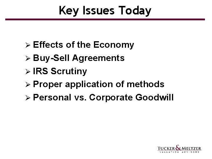 Key Issues Today Ø Effects of the Economy Ø Buy-Sell Agreements Ø IRS Scrutiny